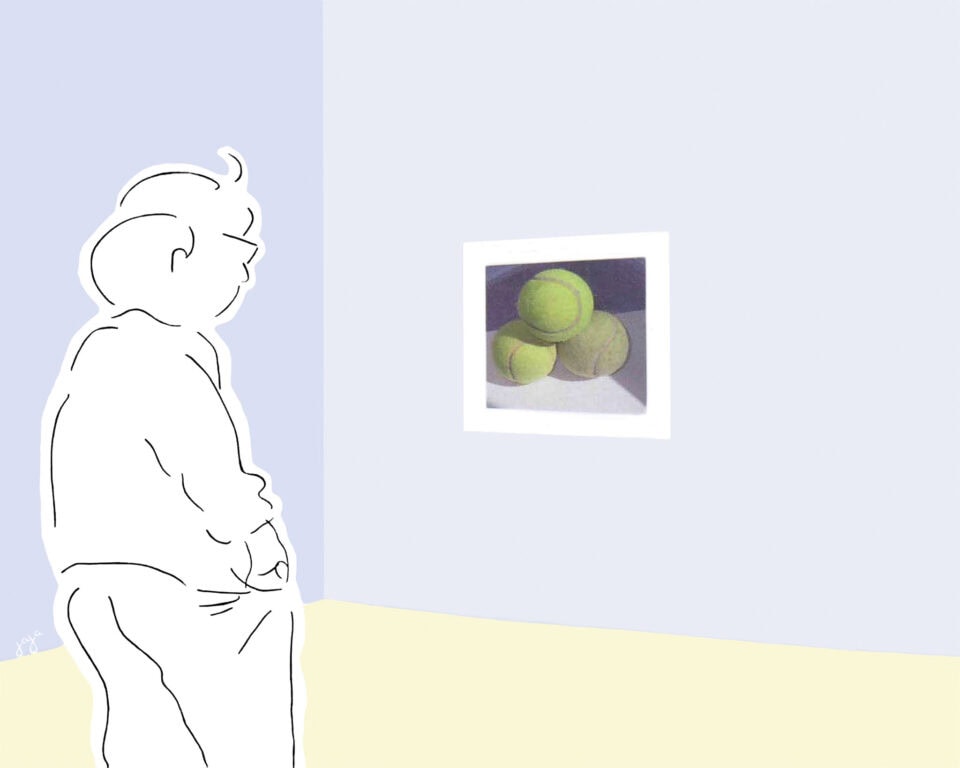 Au musée ou nature rebondissante, acrylique et collage sur toile, 65x81 cm, ©Jaja ADAGP, Paris 2003, collection privée